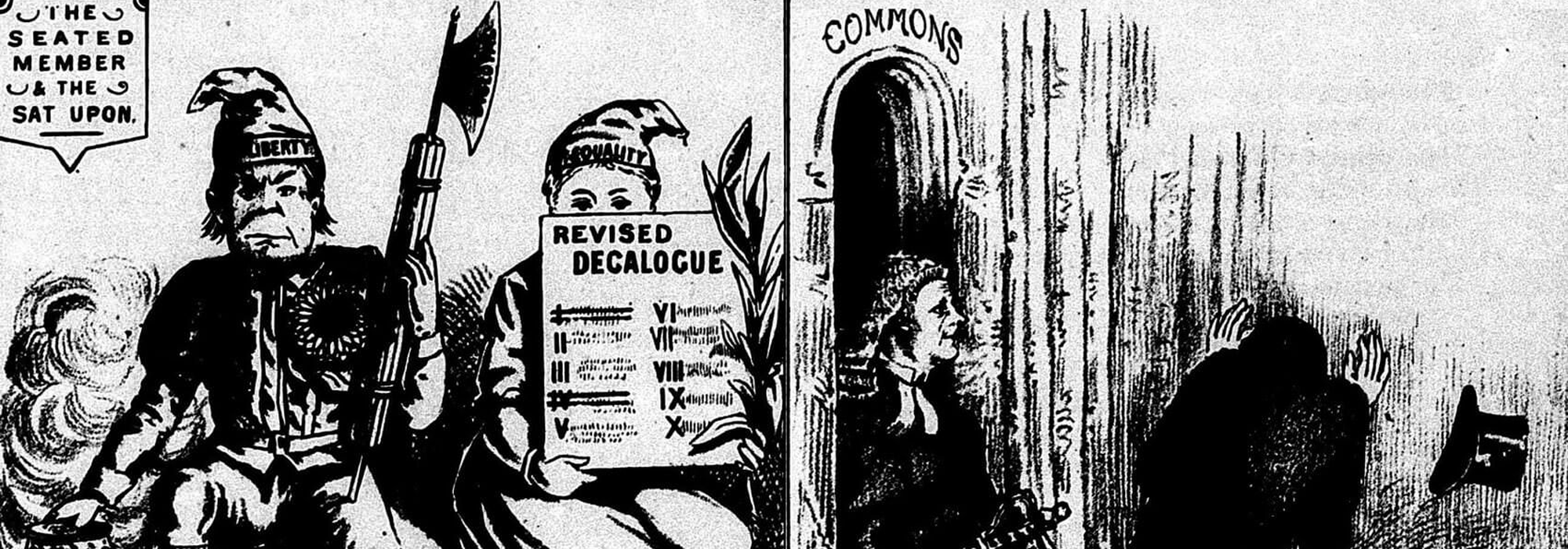 A heavy lined black and white illustration of several people, one of which holds an axe. The sign in the top left corner reads "The seated member & the sat upon".