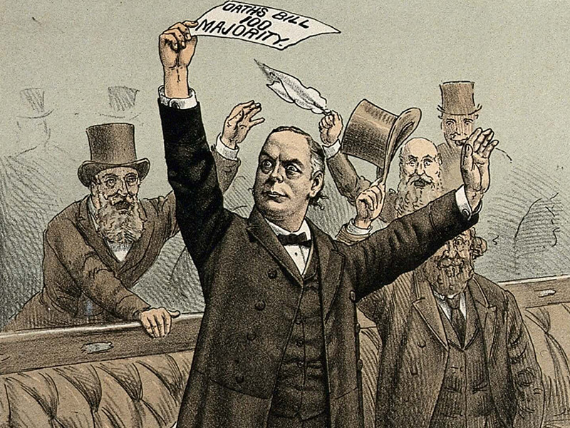 Bradlaugh triumphs. The Oaths Bill Passed by a Hundred Votes, from 'St. Stephen's Review Presentation Cartoon'. In one scene, Bradlaugh is held by multiple police officers. In the next, he is freed, with his arms in the air in celebration