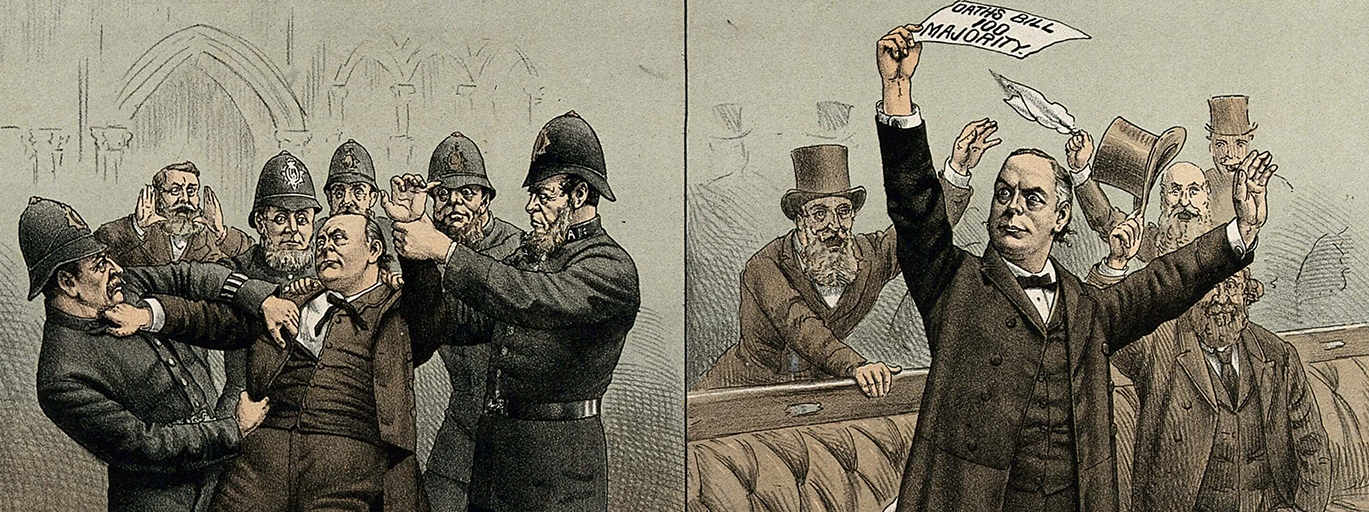 Bradlaugh triumphs. The Oaths Bill Passed by a Hundred Votes, from 'St. Stephen's Review Presentation Cartoon'. In one scene, Bradlaugh is held by multiple police officers. In the next, he is freed, with his arms in the air in celebration