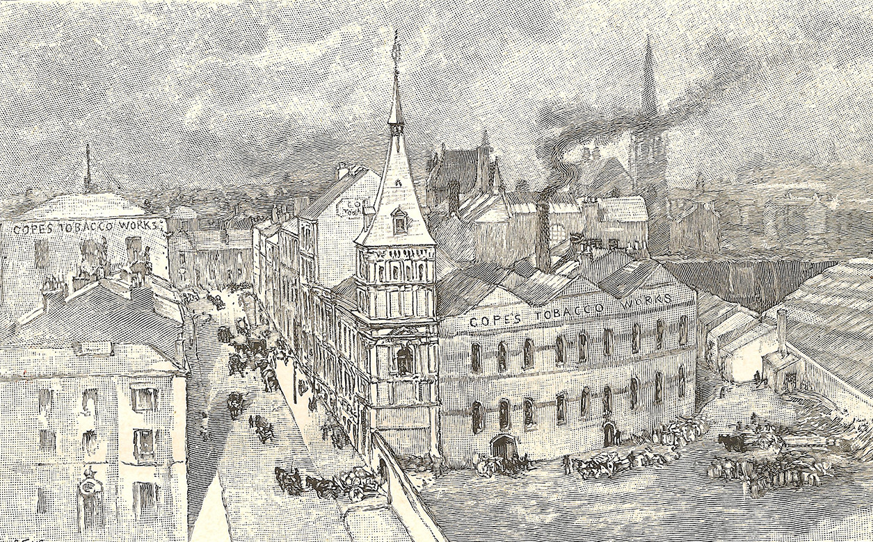 An engraving of a birds eye view of Copes Tobacco Works, Nelson Street, Liverpool