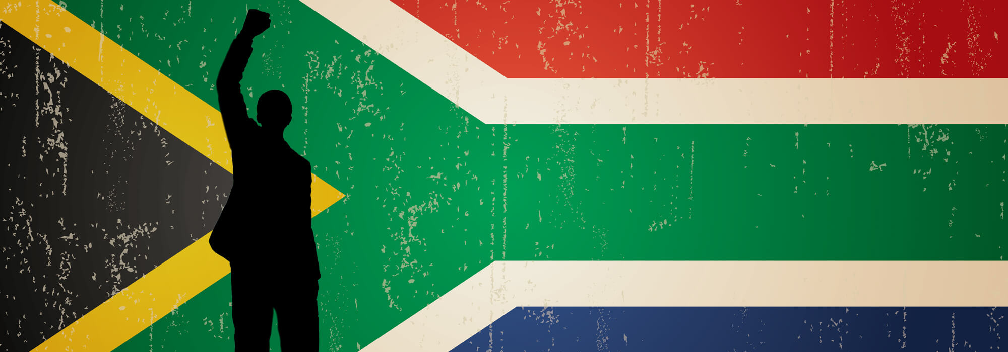 The South African flag with a silhouette of Nelson Mandela overlayed, with his fist in the air.