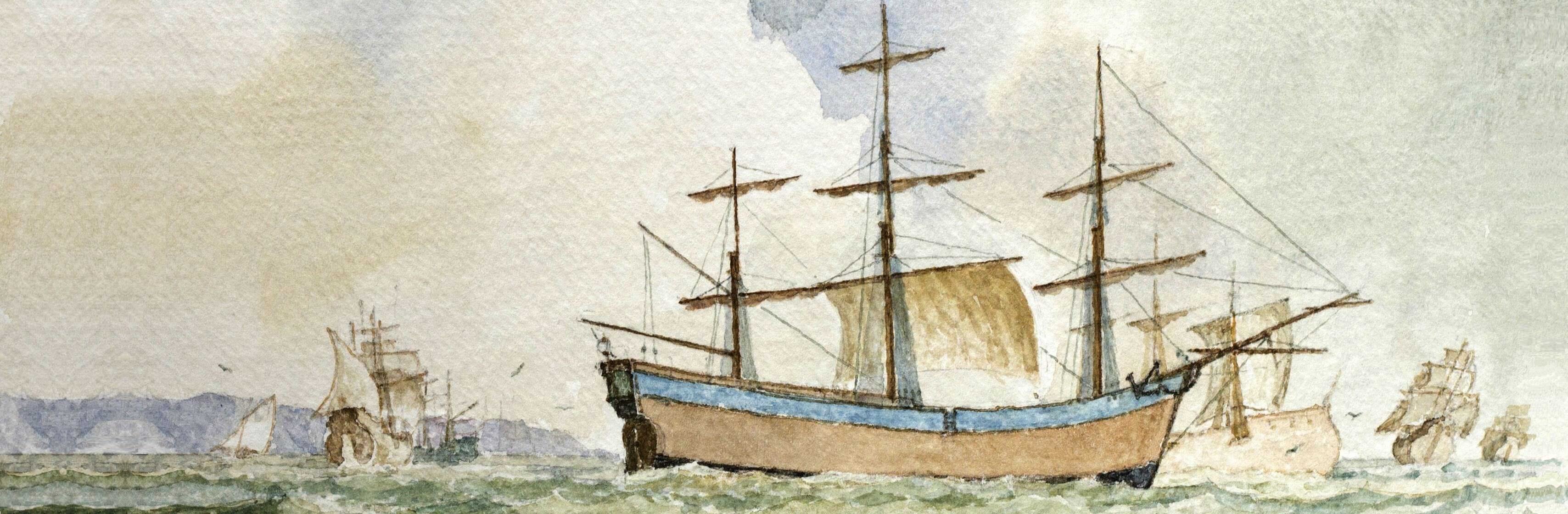 Marine Watercolor Painting of a tall Ship