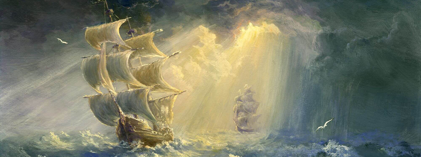Two ships sail on very choppy waters. One ship is closer to the foreground, while one is in the background, sailing into the light.
