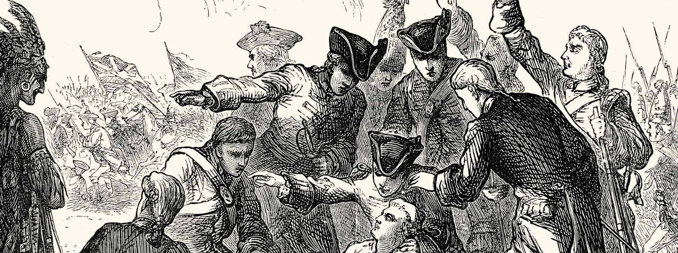 The "Death of Wolfe". An illustration of men in uniform crowded around an injured man, holding up their hats to alert those to stop attacking while they help the man.