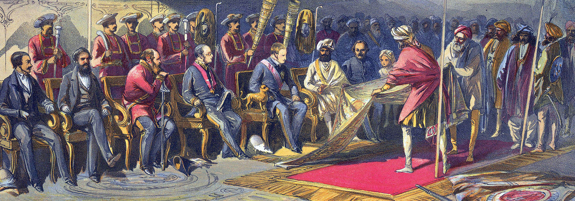 This chromolithograph is taken from plate 30 of William Simpson's 'India: Ancient and Modern'. It illustrates the return visit made by Viceroy Lord Canning to Maharaja Ranbir Singh of Jammu & Kashmir on 9 March 1860, during the viceroy's progress through upper India.