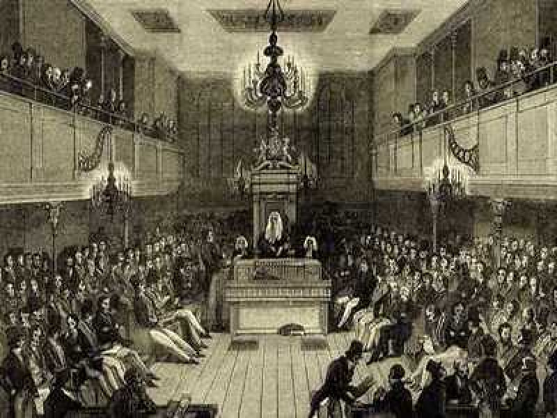 An engraving of the House of Commons chamber, London.