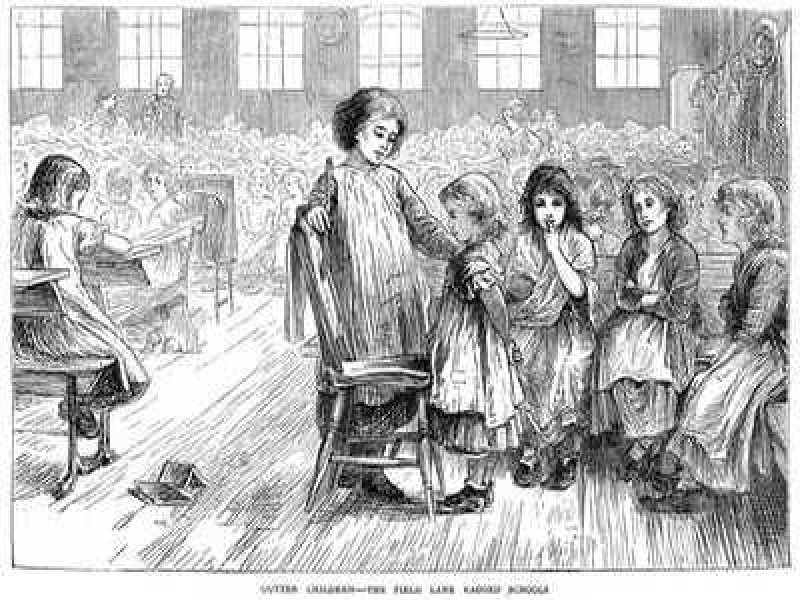 An illustration of school girls, captioned Gutter Children, Field Lane Ragged School, Saffron Hill, Clerkenwell, London, in 1871
