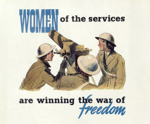 A Tampax advertisement that reads Women of the services are winning the war of freedom. An illustration of three women in khaki uniform, wearing British army tin helmets crowd around a machine gun.