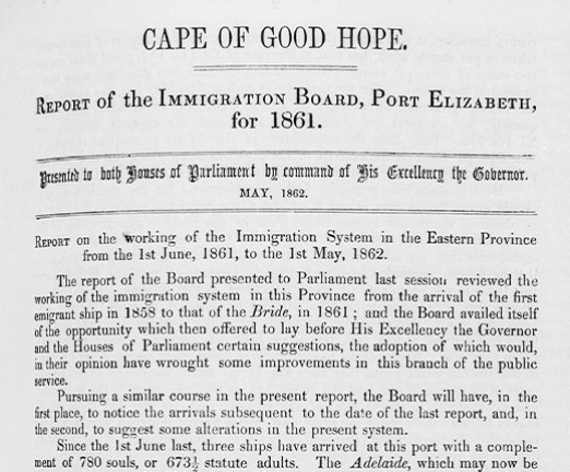 A black and white document titled Cape of Goof Hope: Report of the Immigration Board, Port Elizabeth, for 1861.
