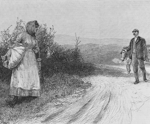 An illustration by Joseph Syddall. The character of Tess, a young woman wearing a dress and a bonnet, tries to evade the sexual advances of Alec, a man stood at the other side of the field.