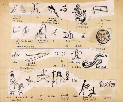 An aged piece of paper with several illustrations drawn on it in thick pen. It is a letter from a Spanish convent in Lisbon to one in Britain. It uses simple hand-drawn images to convey words, or part of words, in Spanish, often merely because they sound alike. For example, a picture of a wound (herida in Spanish), positioned between K and S, becomes queridas, or dear. Some of the illustrations include a pair of wings, a mother holding two children, a snake, two oars, an envelope, and music notes.