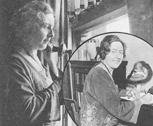 A black and white photograph of Agatha Christie, a woman with short curly hair, on the telephone. There is a second photograph of her sat at a writing desk, with her body twisted so that she faces the camera, overlayed in a circular frame.