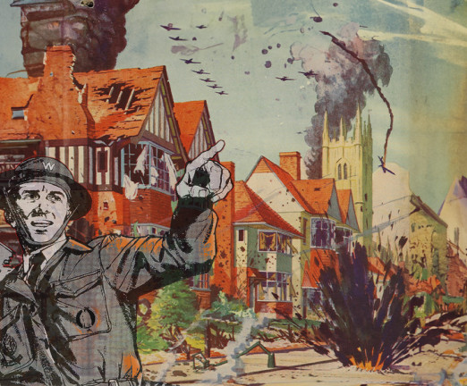 An illustration of a warden, who wears a uniform and hat, and points to the right, overlayed over an illustration of a street that is being bombed.