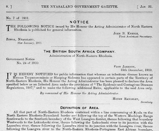 A notice on sleeping sickness from the Nyasaland Government Gazette, 1911.