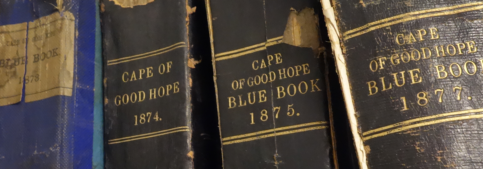 A close-up photograph of four bound blue books.