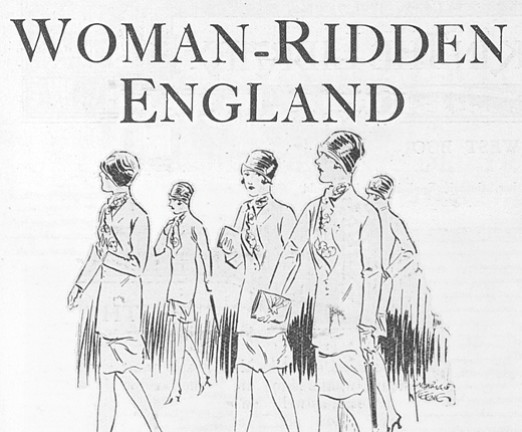 A document titled Women-Ridden England in large black serif text. There is a line drawn illustration of a group of women dressed in the same hat and outfit.