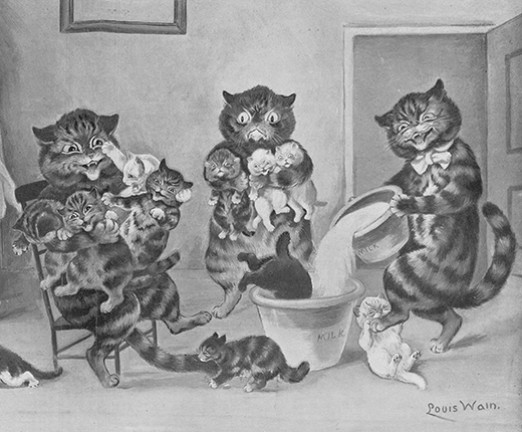 A greyscale illustration by Louis Wain. Several young kittens can be seen performing a range of actions associated with the infancy of both humans and cats, including sleeping, crawling, and crying. Some of the kittens perform more feline actions, such as attacking their caregivers, clawing at furniture, and diving headfirst into a bucket of milk, while the adult cats appear firmly anthropomorphised, standing on their hind legs and holding the kittens in their arms.