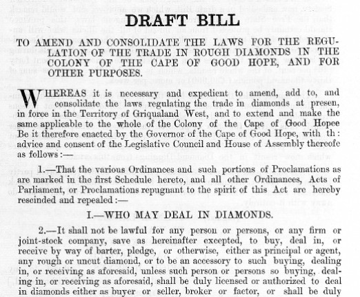 A report from 1882, addresses illicit diamond dealing, as the British sought to secure and regulate the diamond industry.