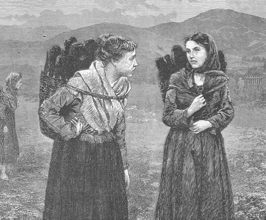 An illustration of two women in long skirts, carrying turf that is tied to their backs.