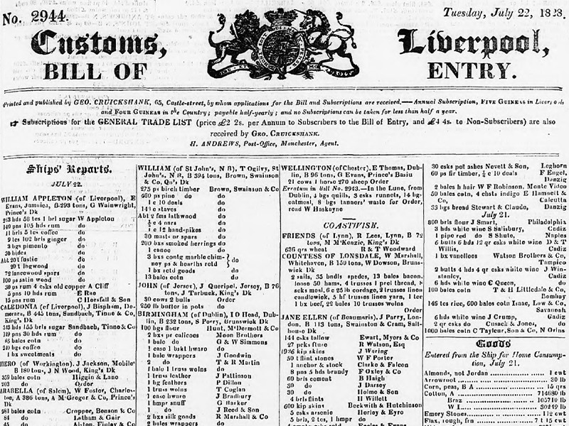 Page from Customs, Liverpool, Bill of Entry, dated 22 July 1828.