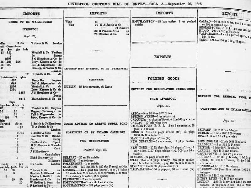 Page from Liverpool Customs Bill of Entry, featuring a table of imports and exports.