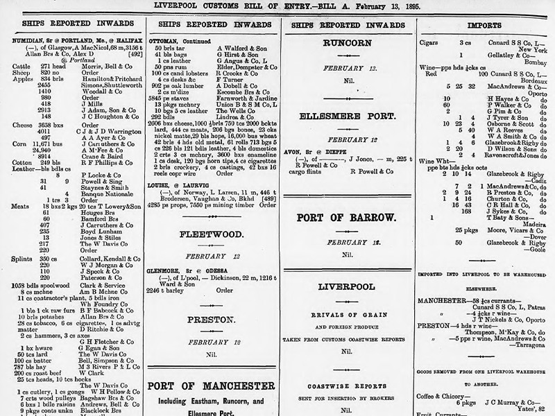 Page from Liverpool Customs, Bill of Entry, featuring information on various ports and imports.