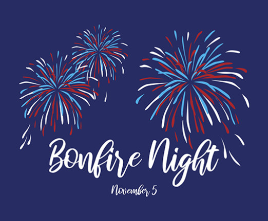 A dark blue background with an illustration of multicoloured fireworks set against it. Underneath, there is text that says Bonfire Night.