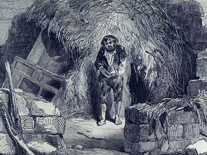 An illustration of a man in ragged clothes. He stands with his shoulders hunched, with his hat upturned in his hands