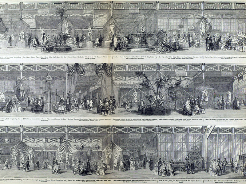 An illustration of various scenes from the Great Exhibition. They are illustrated in three long rows across the pages.