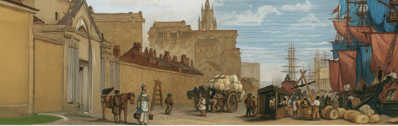 Colourised image showing boat at Liverpool docks