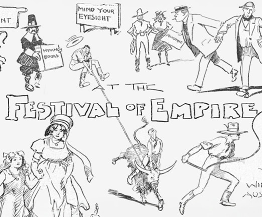 An illustration that features a bubble writing title that reads At the Festival of Empire. Surrounding the writing, there are illustrations of people attending the exhibition.