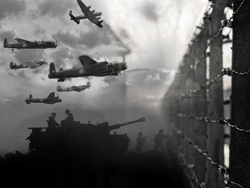 A black and white image of war plane flying in the top left. Underneath them is a tank with soldiers operating it, and to the right is a barbed wire fence.