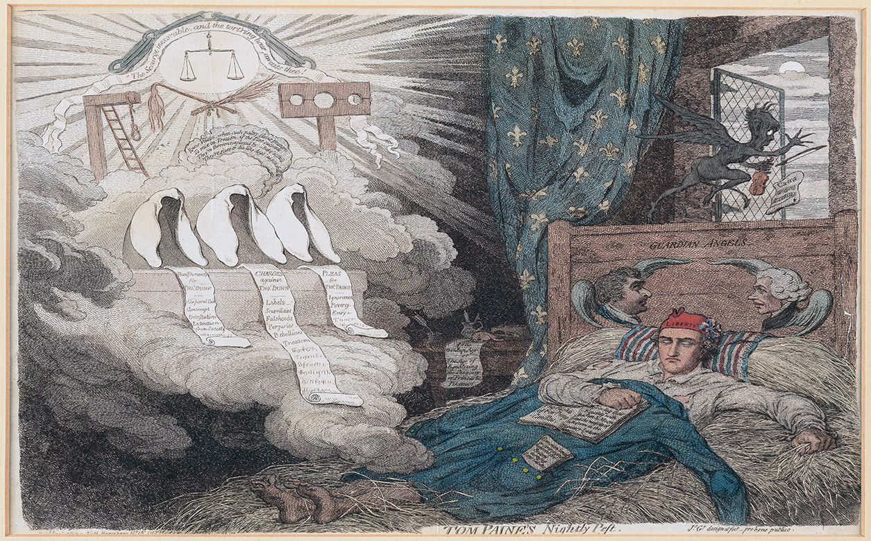 An illustration with the caption Tom Paine's Nightly Pest. On the right is a man sleeping in a bed of hay. Two Guardian Angels are on the headboard, depicted as floating heads with wings. Above the bed, a small, demon-like creature flees the room through a window. On the left is a heavenly cloud, featuring three cloaked figures displaying open scrolls towards the bed. Above the figures are a noose, a pillory, and a set of scales.
