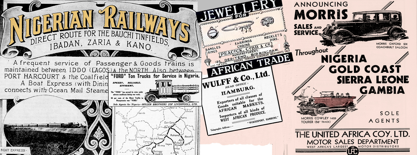 A composite image of advertisements featured in the West Africa Magazine. Includes an advertisement for "Nigerian Railways" in the top left, a photograph of a train in the bottom left, an advertisement for "Jewellery for African Trade" in the top centre right, and an advertisement for "The United Africa Coy. Ltd. Motor Sales Department" on the right, featuring two illustrations of cars.