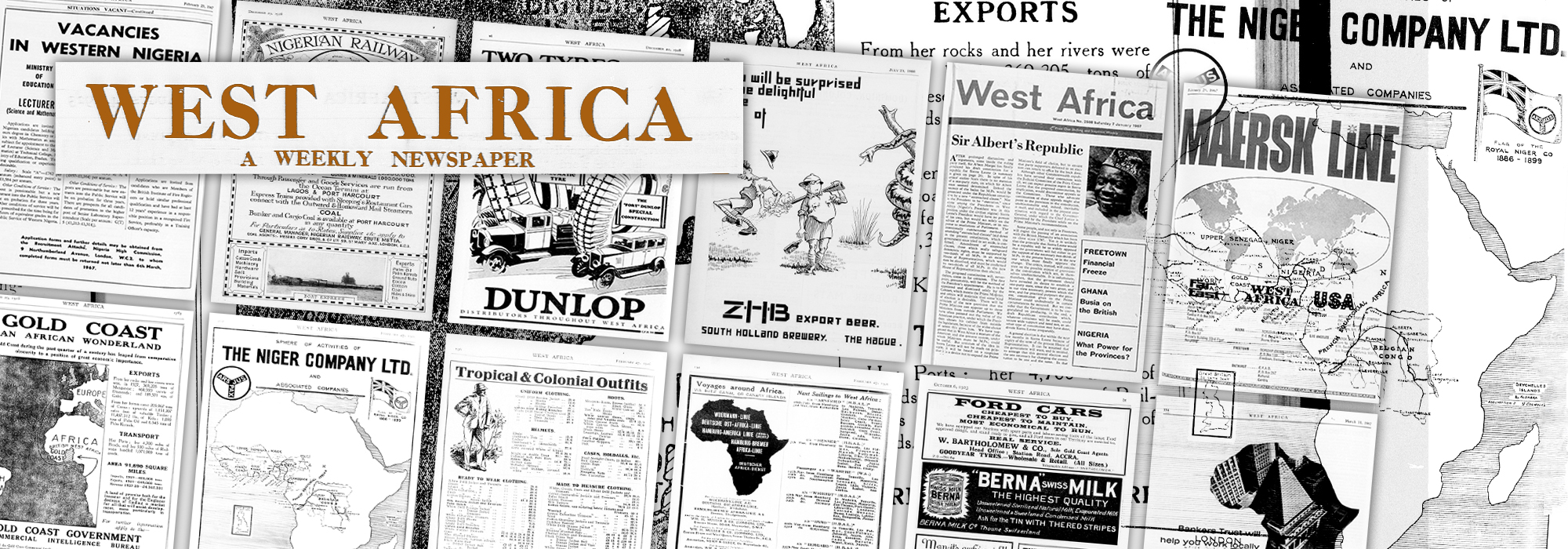 A composite image of several pages from editions of the West Africa magazine. A title reading "West Africa A Weekly Newspaper" appears in the top left.
