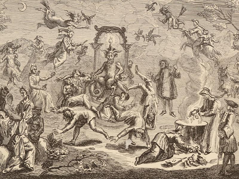 An illustration of a witches' sabbath. In the center of the image a demon sits on a chair. Several human figures surround the devil, dancing. On the left, a group sit at a table, eating a dismembered baby. On the right, a figure holds a baby over a cauldron.