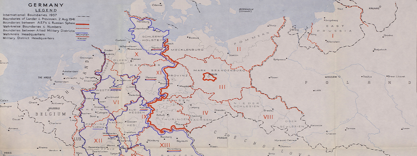 A map of Germany with coloured lines marking different boundaries. Listed in the top left, these are "International Boundaries, 1937", "Boundaries of Lander and Provinzen, 2 August 1941", "Boundaries between A.E.F's and Russian Sphere", "Wehrkreise Boundaries and Numbers", £Boundaries between Allied Military Districts", "Wehrkreis Headquarters", and "Military District Headquarters".