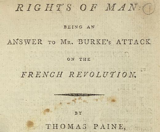 Typed text reading Rights of Man: Being an Answer to Mr. Burke's Attack on the French Revolution. By Thomas Paine.