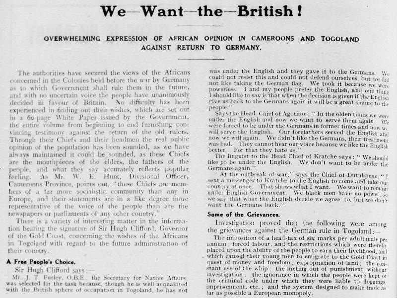 Section of an article from West Africa magazine titled We-Want-the-British!.
