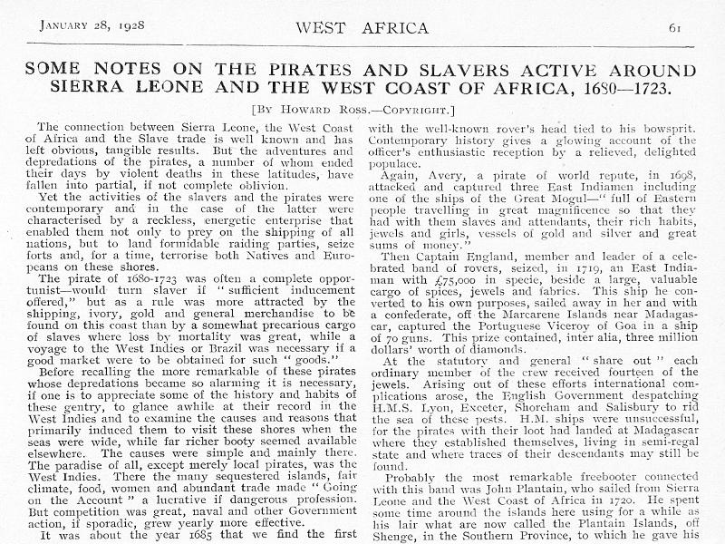 Section of an article from West Africa magazine titled Some noted on the pirates and slavers active around Sierra Leone and the west coast of Africa, 1680-1723.