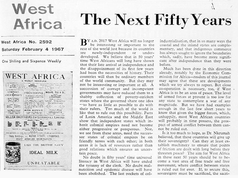 Section of an article from West Africa magazine titled The Next Fifty Years.