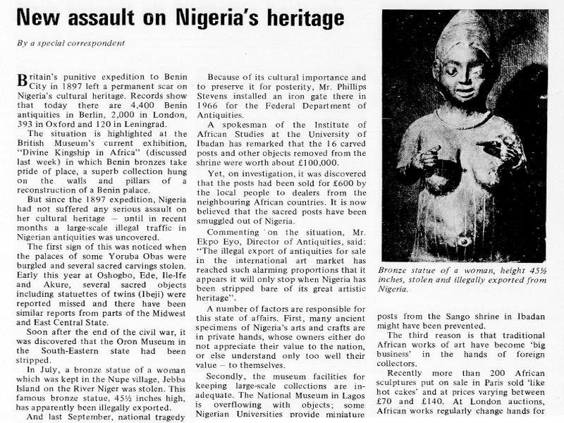 Section of an article from West Africa magazine titled New assault on Nigeria's heritage, featuring a photograph captioned Bronze statue of a woman, height 45 1/2 inches, stolen and illegally exported from Nigeria.