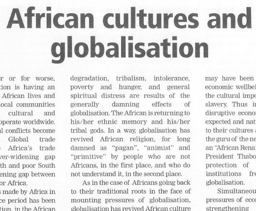 Section of an article titled African Cultures and Globalisation.