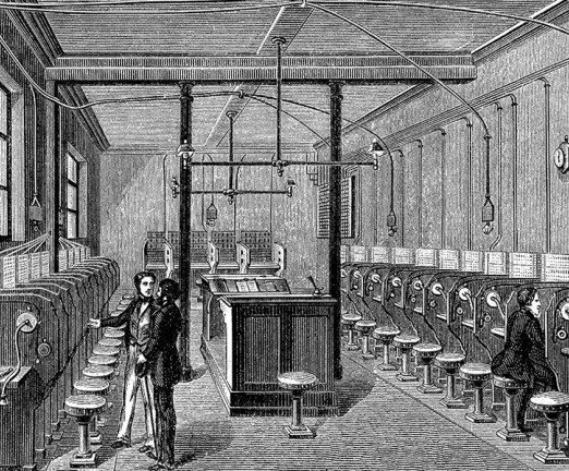 Telephone exchange built according to the Edison Gower-Bell system of telecommunication - first central telephone in Paris in 1879.