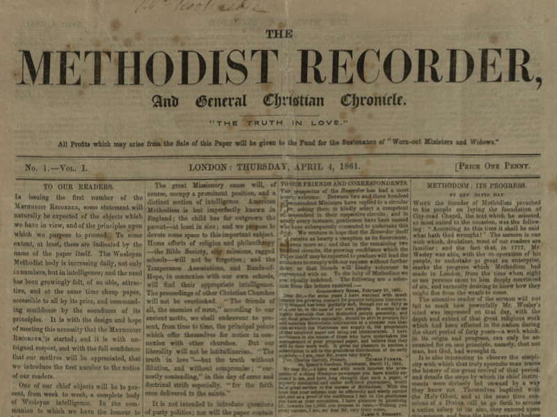 Section of the front page of the first edition of The Methodist Reporter, dated 4 April 1861.