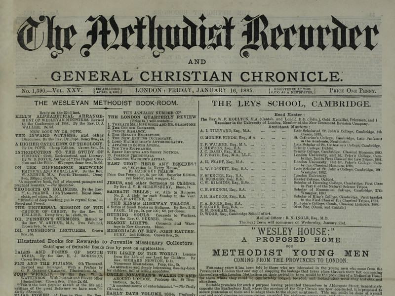 Section of the front page of an issue of The Methodist Recorder, dated 16 January 1885. Features various notices.