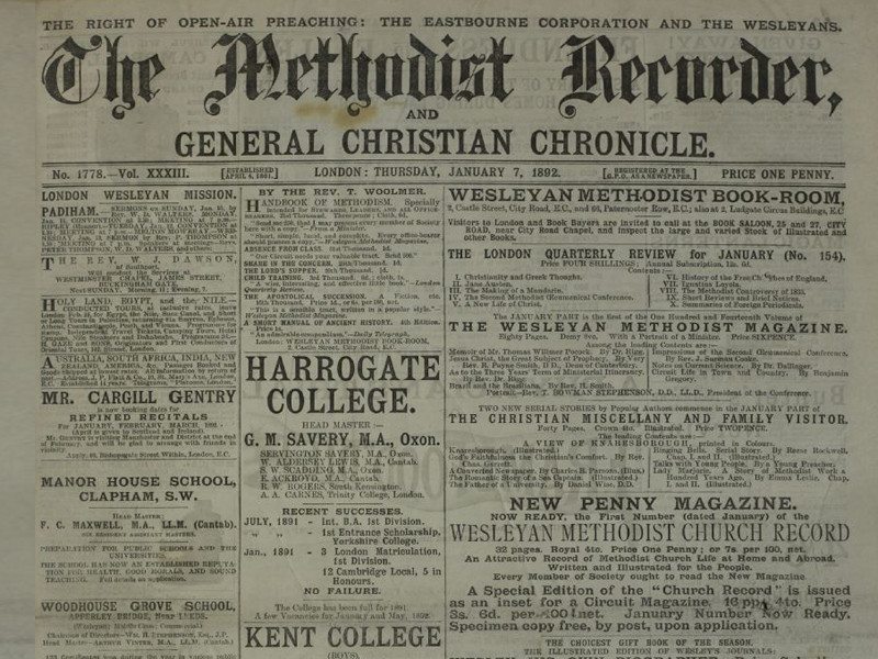 Section of the front page of an issue of The Methodist Recorder, dated 7 January 1892. Features several notices.