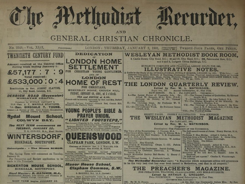 Section of the front page of an issue of The Methodist Recorder, dated 3 January 1901. Features several notices.