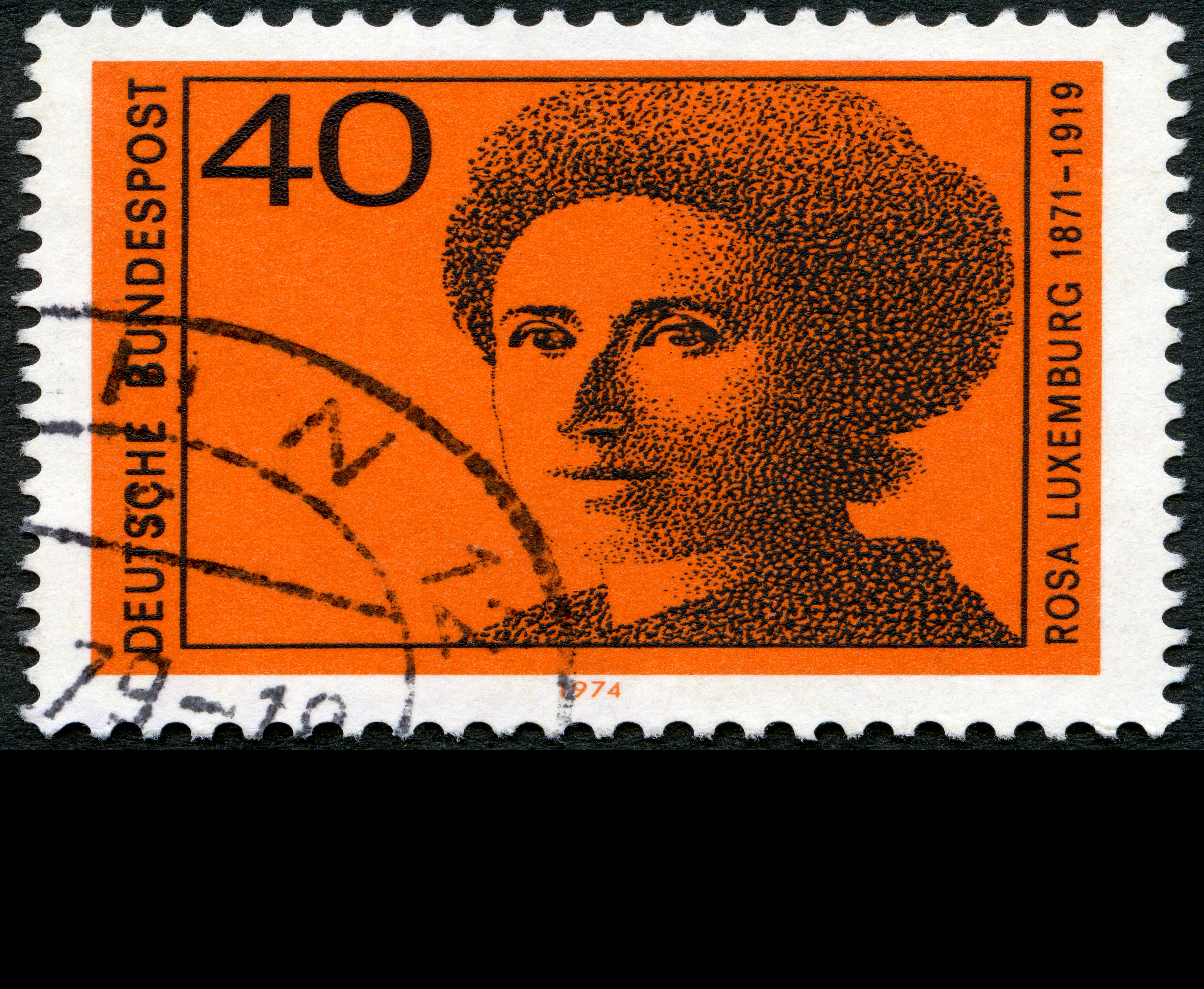 An orange stamp of Rosa Luxemburg.