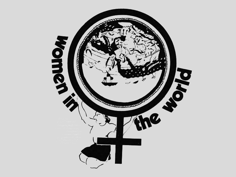 Black and white illustration of a woman holding a globe contained in the female symbol, with the text women in the world curling around the symbol.